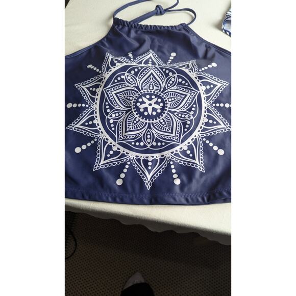 L Mandala Tankini - Navy + white Halter tie Hi Waisted Striped Bikini Set NWOT - Picture 3 of 7